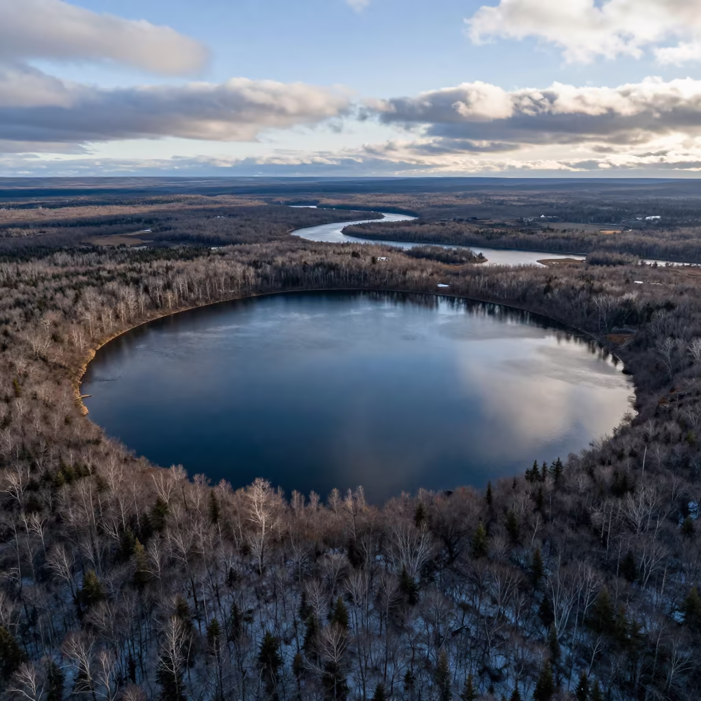Aerial Maar Lake Canada Winter River in far above river meanders in Canada
