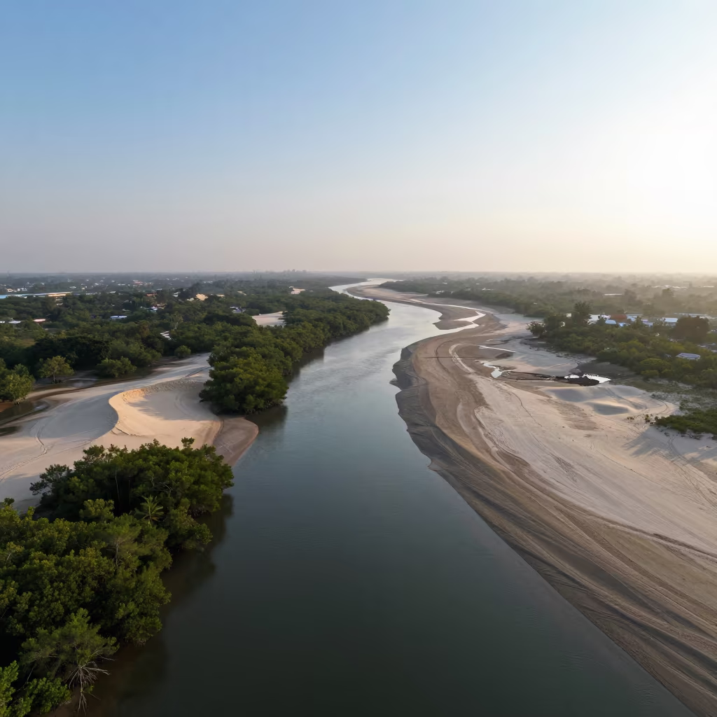 Aerial Mangrove Channels After Rain Near Bangkok in above dune fields and dry wadis near Thonburi, Bangkok