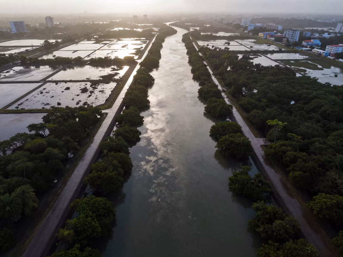 Aerial Mangrove Channels After Rain Near Havana in high over salt ponds and causeways near Malecon, Havana