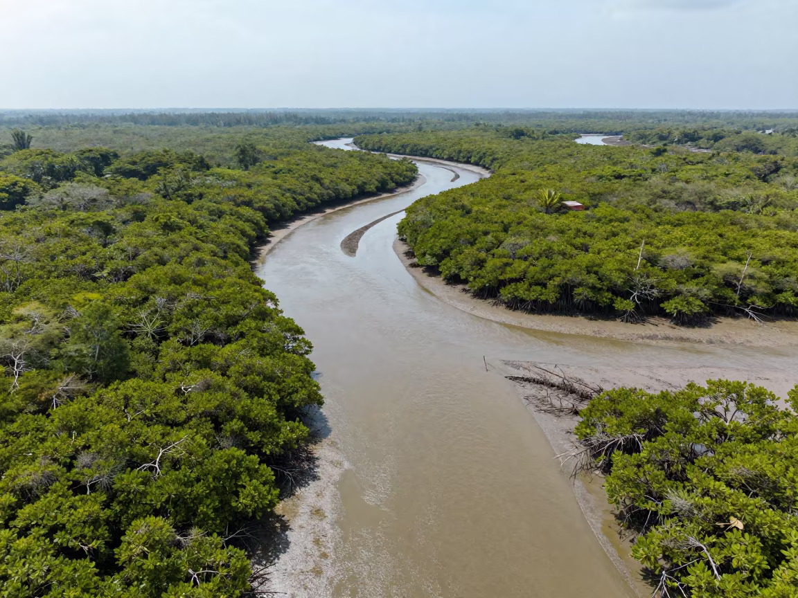 Aerial mangrove creeks cut dark veins through wet Dominican mudflats in in Dominican Republic