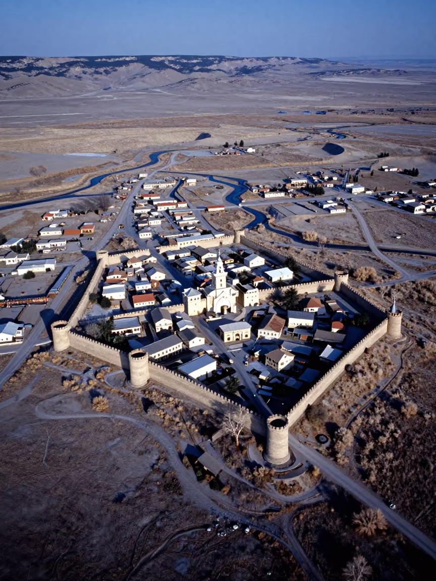 Aerial Medieval City Over Montana Dunes at Night in above dune fields and dry wadis in Montana