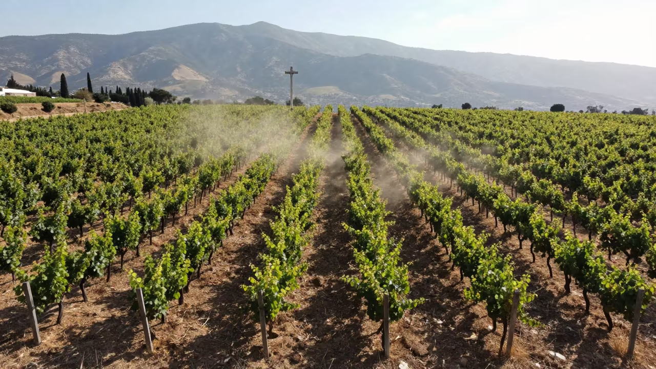 Aerial View of Monastery Vineyard Rows Near Haifa in along freshly irrigated rows near Haifa