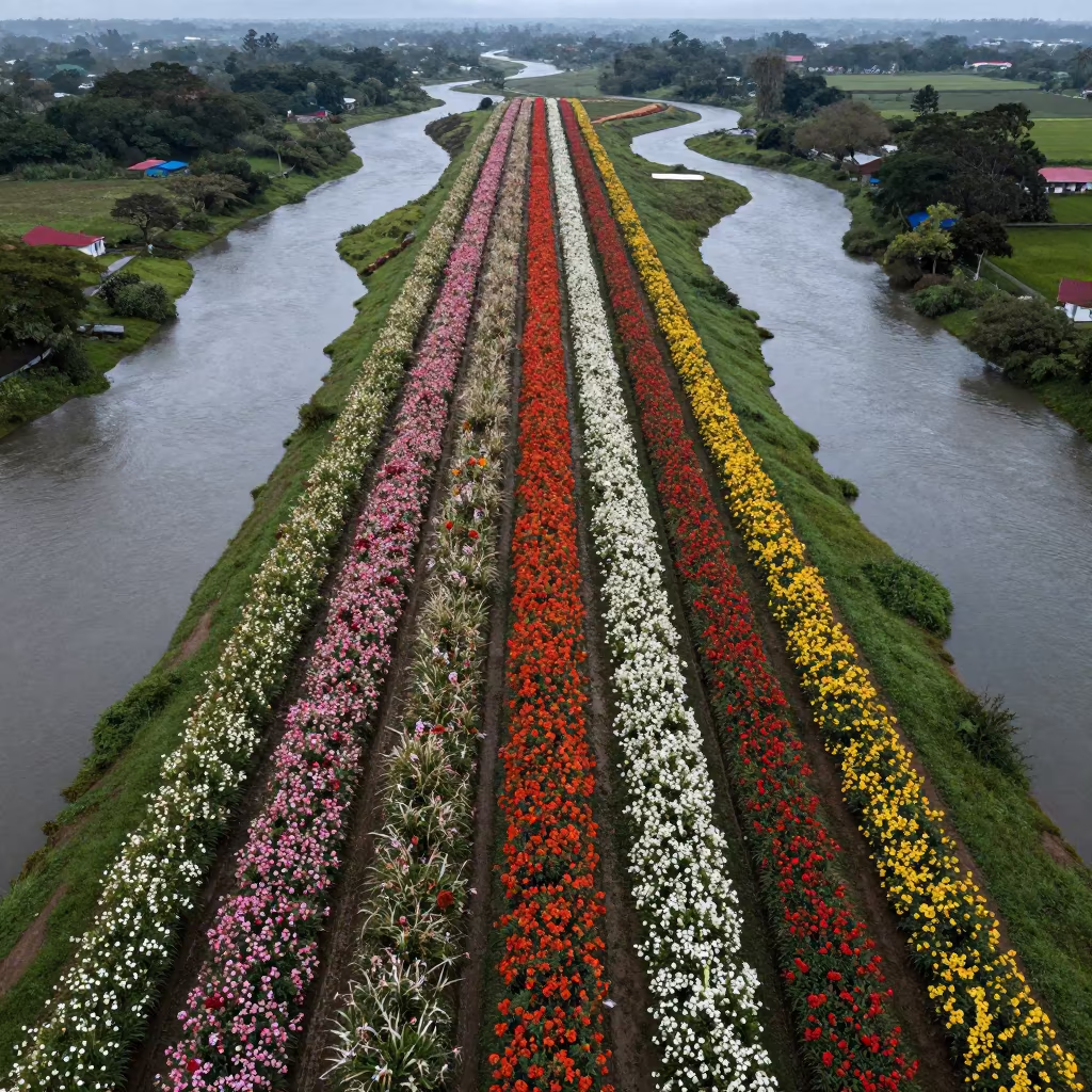 Aerial Monsoon Flower Bands Near Tegucigalpa in high above braided river channels near Tegucigalpa