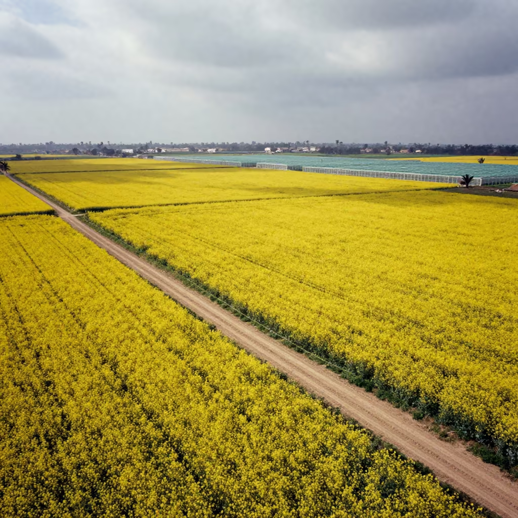 Aerial View of Mustard Fields Near Benghazi in high over greenhouse grids near Benghazi