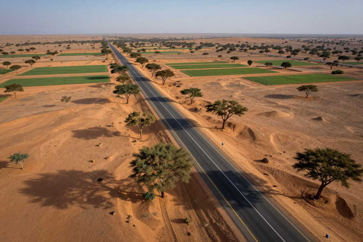 Aerial Niger Desert Highway Diagonal Geometry in high above irrigation geometry in Niger