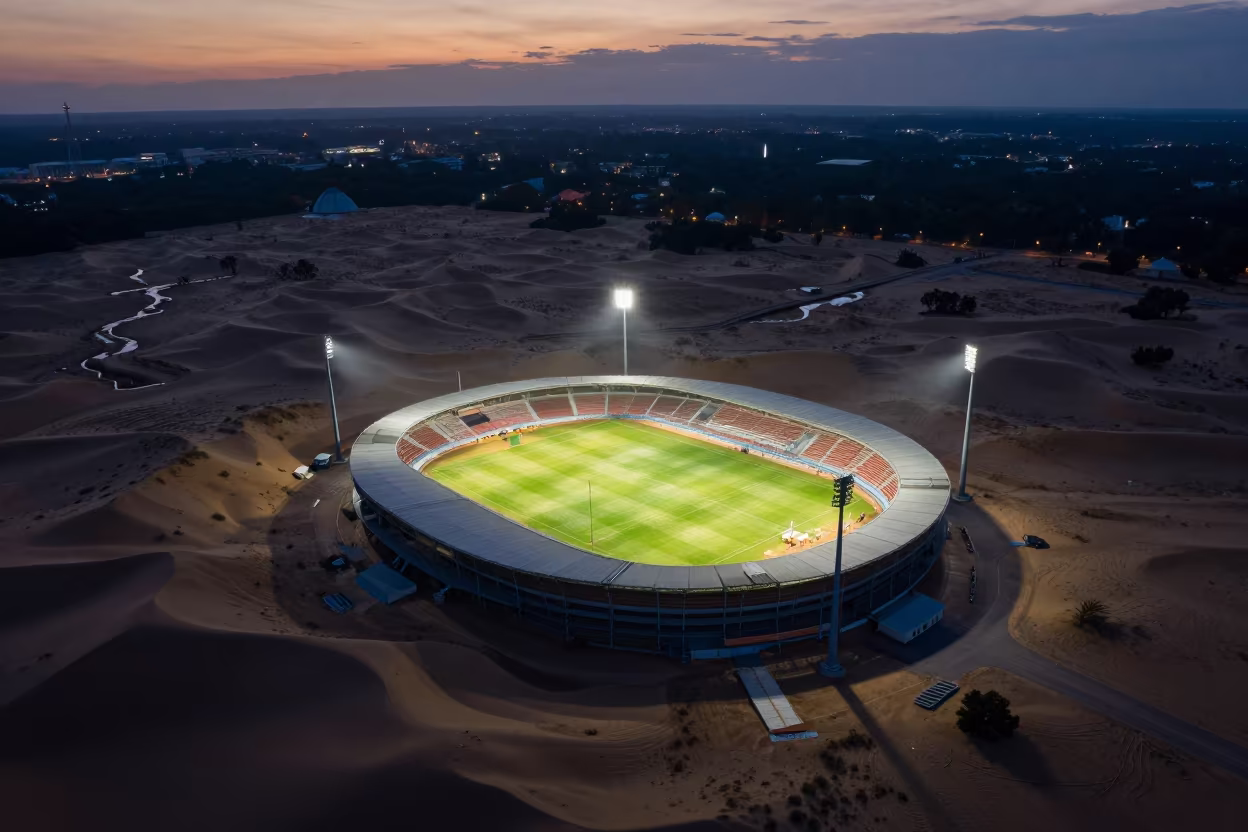 Aerial Night Match Stadium Dunes Kaunas in above dune fields and dry wadis near Kaunas