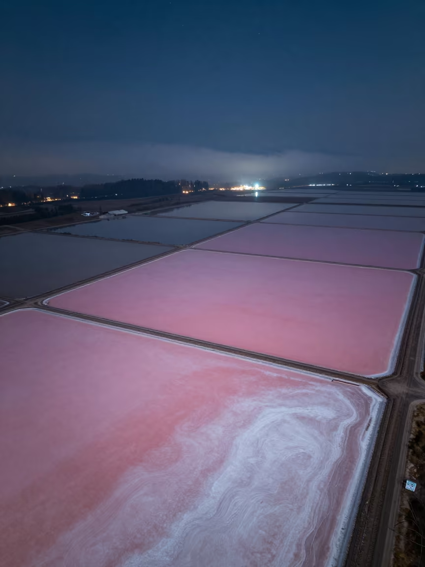 Aerial Night View of Pink Salt Ponds in far above surf-scalloped coastline near Chengdu