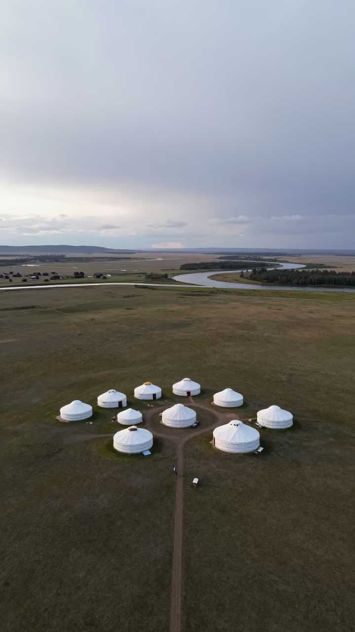 Aerial Nomadic Camp Near Victoria River in far above river meanders near Victoria