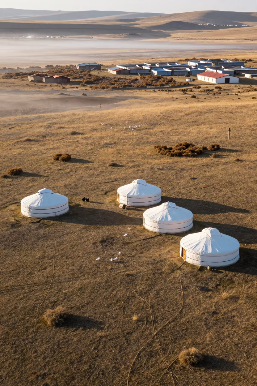 Aerial Nomadic Camp Yurts Grassland Late Afternoon in high above patterned rooftops near Callao