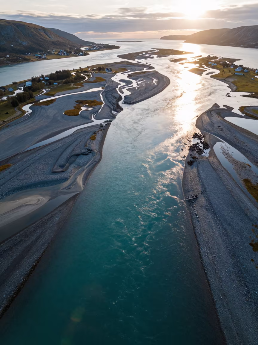 Aerial Norway Braided River Channels Turquoise Sea in high above braided river channels in Norway