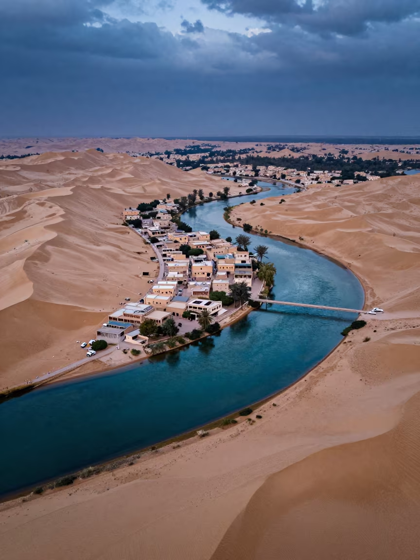 Aerial Oasis Town Dunes Riyadh Blue Hour in high above braided river channels near Riyadh