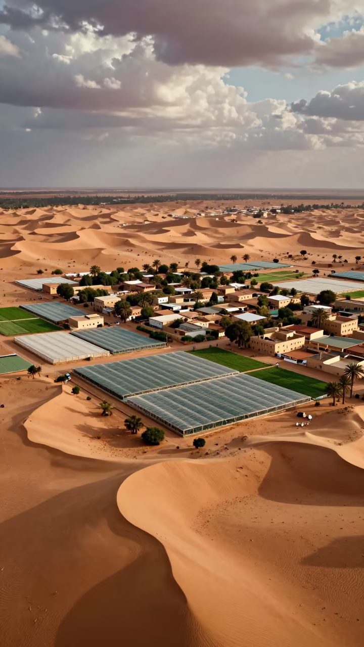 Aerial Oasis Town Surrounded by Dunes in Niger in high over greenhouse grids in Niger