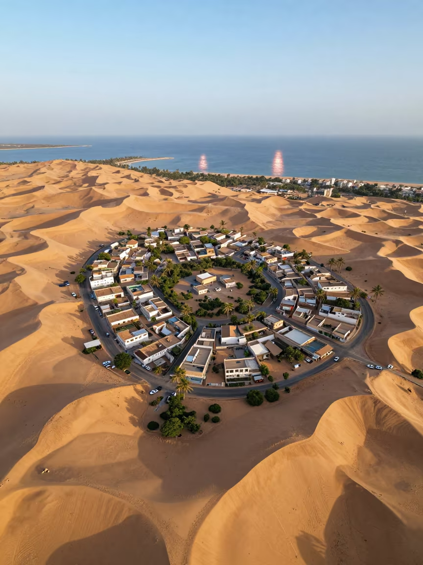 Aerial Oasis Town Surrounded by Dunes in far above surf-scalloped coastline near Nouakchott