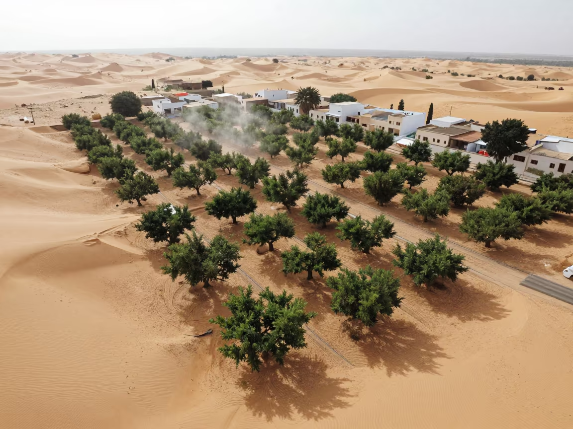 Aerial Oasis Town Tunisia Dunes Midmorning in far above orchard blocks and irrigation lines in Tunisia