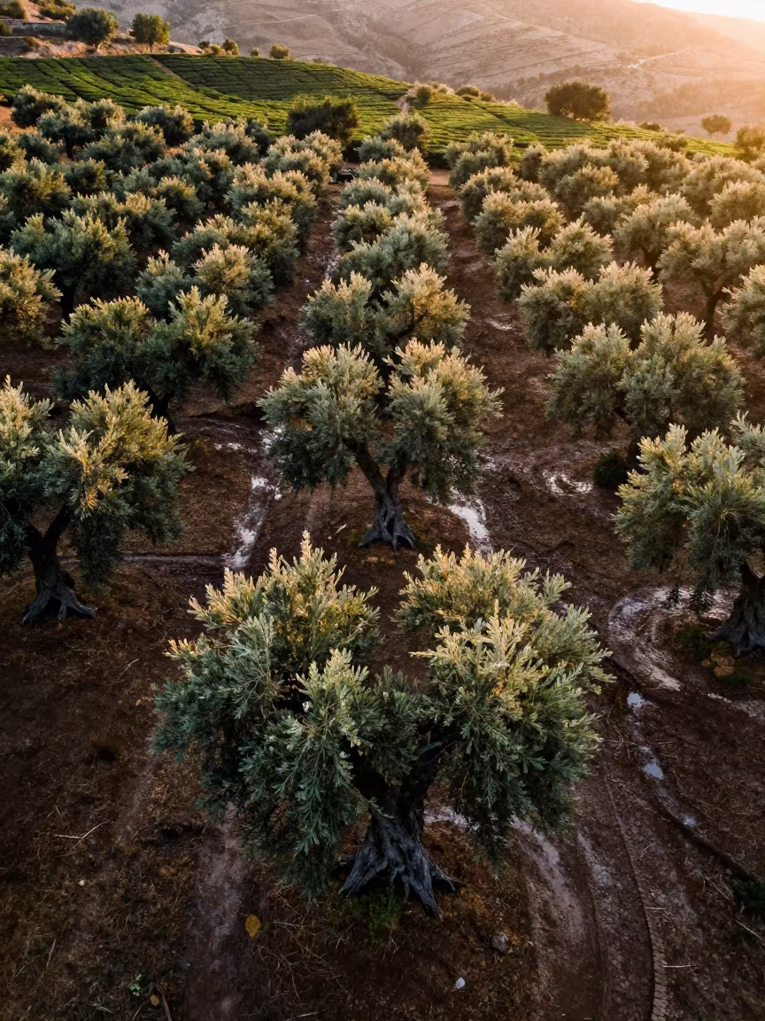 Aerial Olive Grove Sunset Catalonia Hillside in at the edge of a tea plantation in Catalonia