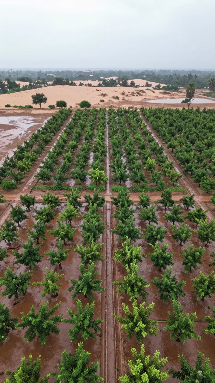 Aerial Orchard Grids Beside Dunes in above dune fields and dry wadis near Tirunelveli