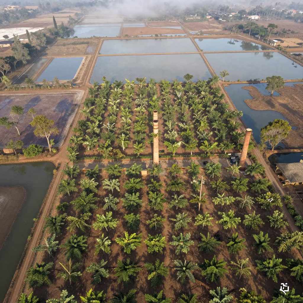 Aerial Orchard Grids Chimney Shadows Rwanda in high over salt ponds and causeways in Rwanda