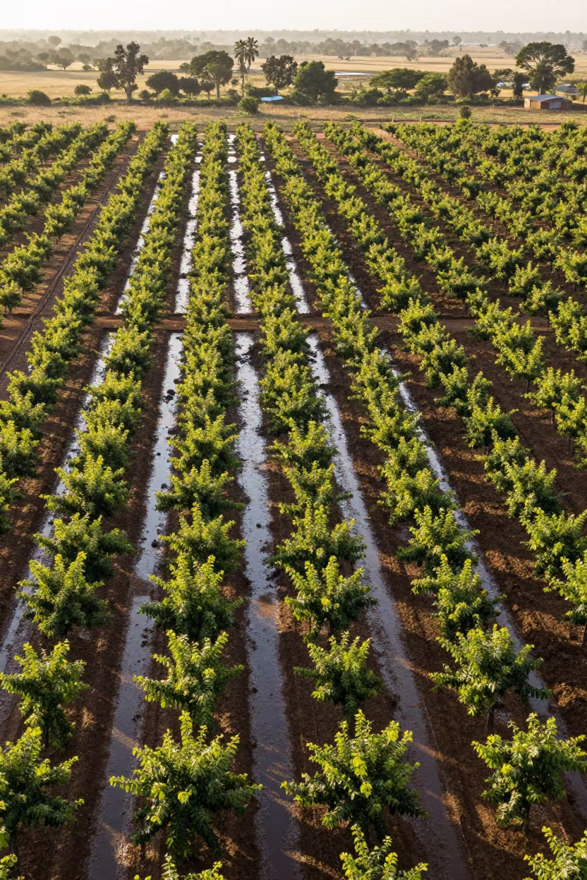 Aerial Orchard Grids at Dutse Dawn in high above irrigation geometry near Dutse