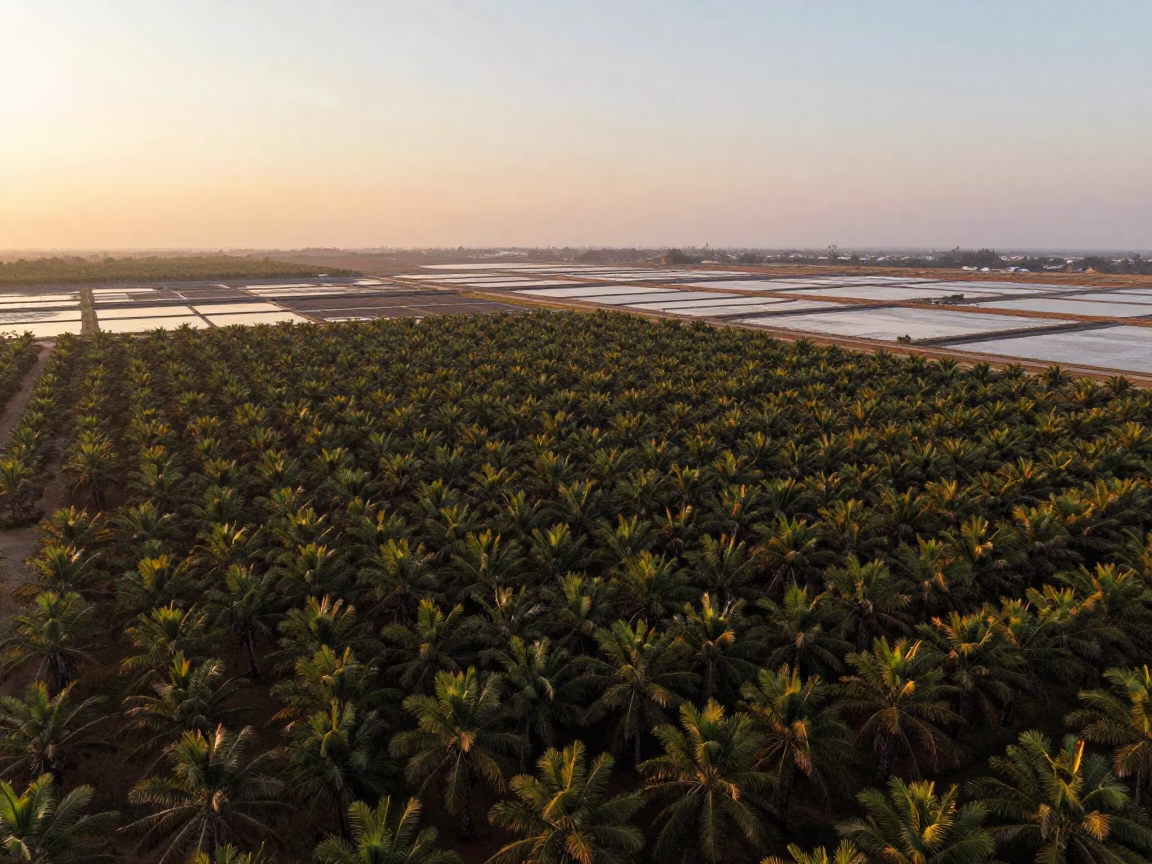 Aerial Palm Oil Rows Sunset Manila in high over salt ponds and causeways near Manila
