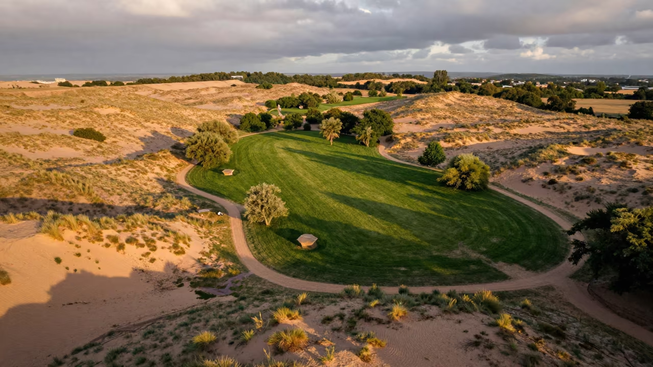 Aerial Park View Over Dunes Near Stoke in above dune fields and dry wadis near Stoke-on-Trent