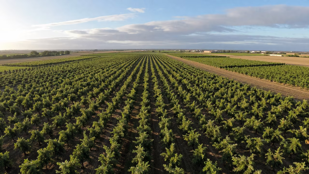 Aerial Patchwork Orchards Under Dawn Clouds in high over greenhouse grids near Salamanca