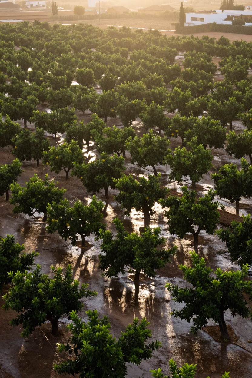 Aerial Patchwork Orchards Sunset Rain Alicante in high above irrigation geometry near Alicante