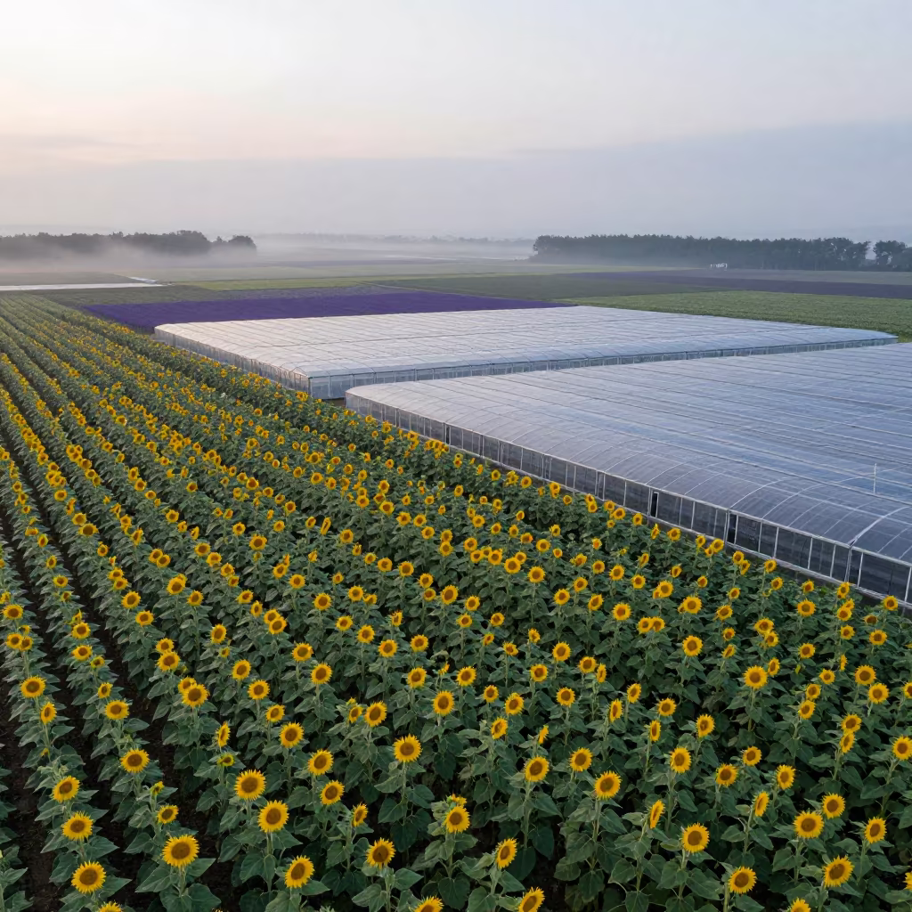 Aerial patchwork of sunflower and lavender fields in high over greenhouse grids near Kitwe