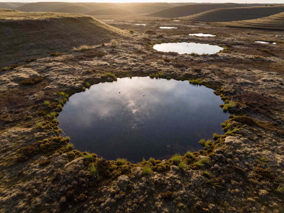 Aerial Peat Bog Pools Golden Hour Caucasus in far above terraced hillsides in the Caucasus