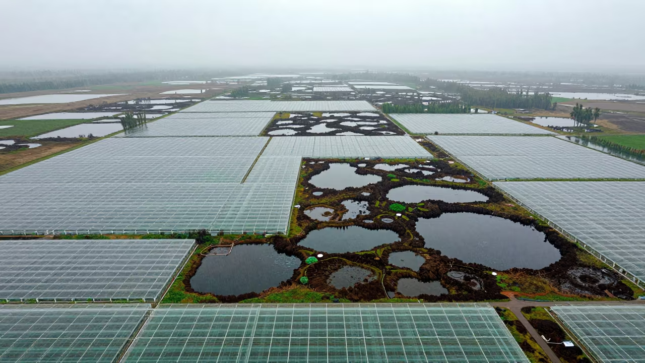 Aerial Peat Bog Pools Greenhouse Uzbekistan Noon in high over greenhouse grids in Uzbekistan