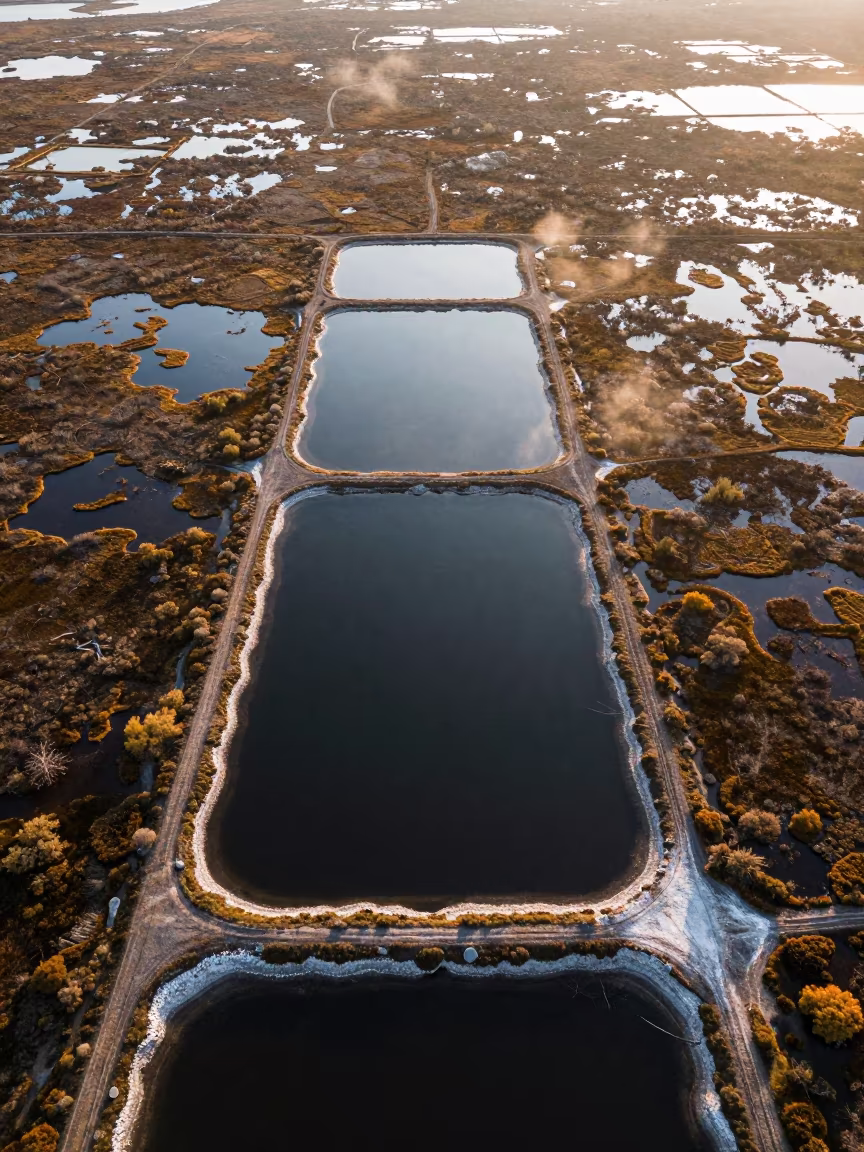 Aerial Peat Bog Salt Ponds Greece Autumn in high over salt ponds and causeways in the Greek Islands