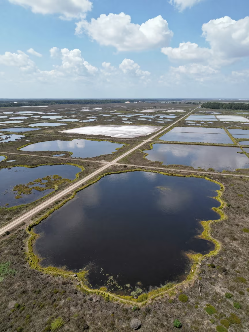 Aerial Peat Bog and Salt Ponds Tianjin Midsummer in high over salt ponds and causeways near Tianjin