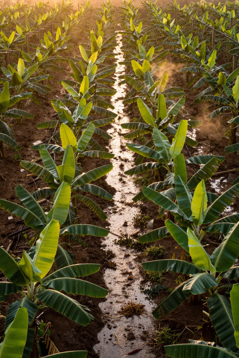 Aerial View of Rain-Slicked Banana Path at Sunset in between vineyard trellises in Yunnan