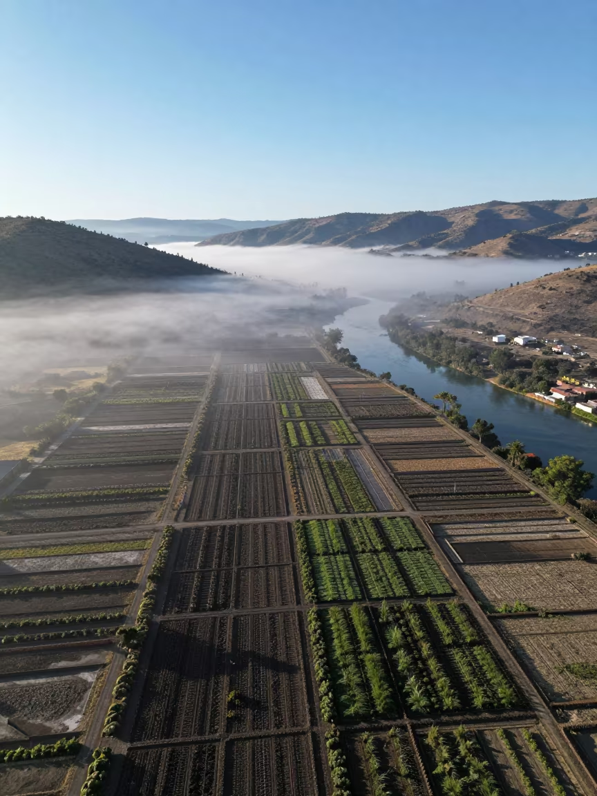 Aerial view of rain-soaked allotment plots near Guadalajara in far above river meanders near Guadalajara