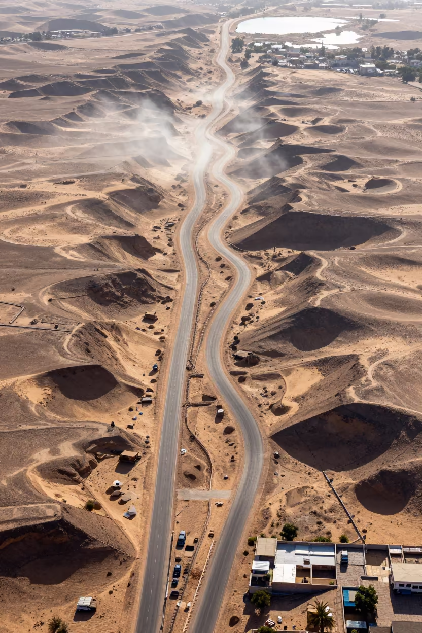 Aerial View of Rajasthan Desert Switchbacks Noon Sun in high above patterned rooftops in Rajasthan
