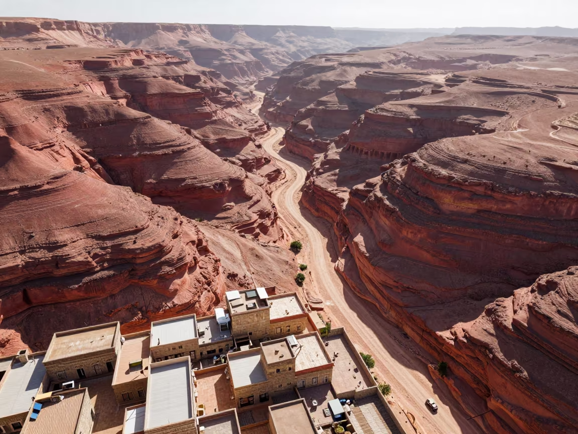 Aerial view of red canyon walls near Coptic Cairo rooftops in high above patterned rooftops near Coptic Cairo, Cairo