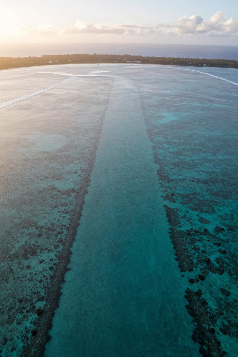 Aerial Reef Shallows Before Sunrise in Samoa in far above surf-scalloped coastline in Samoa