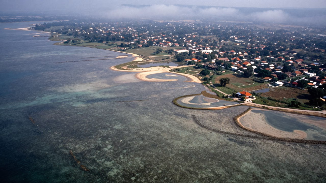 Aerial View of Reef Shallows and Drainage Lines in high above patterned rooftops near Tonle Bassac, Phnom Penh