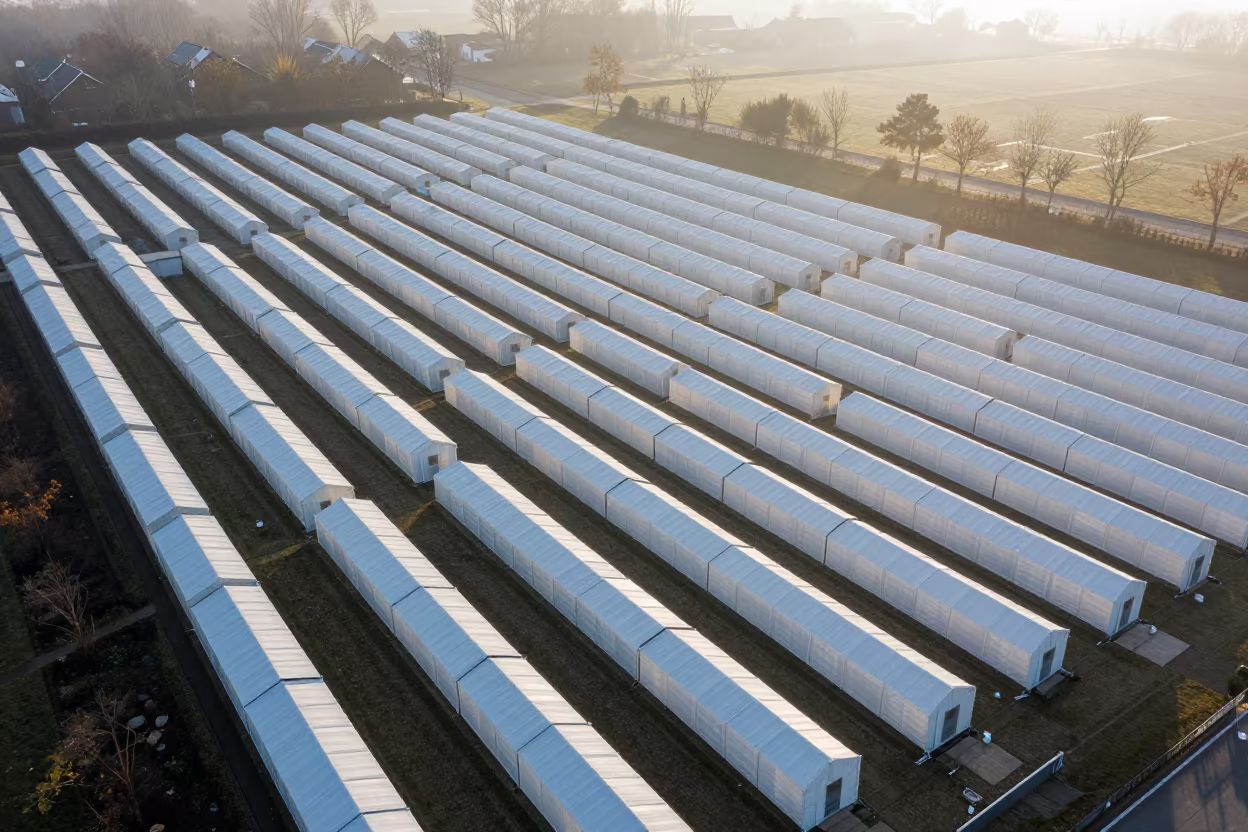 Aerial Refugee Camp Dutch Hills Autumn Fog in far above terraced hillsides in Netherlands