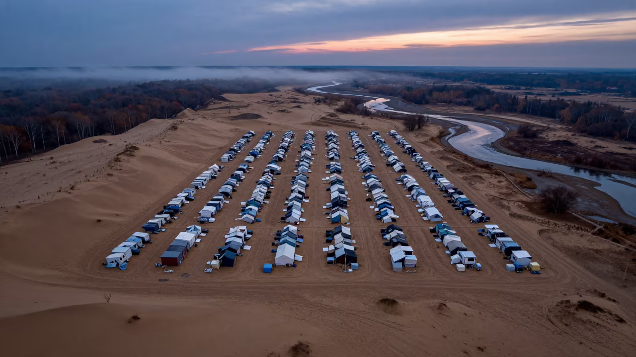 Aerial Refugee Camp Grid in Autumn Twilight in above dune fields and dry wadis in Germany
