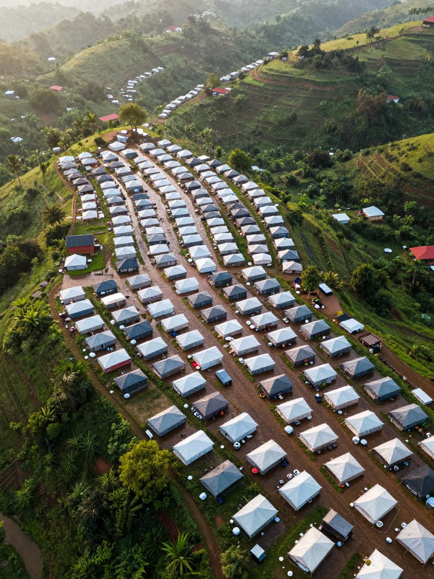 Aerial Refugee Camp Grid Rows Cambodia Hills in far above terraced hillsides in Cambodia