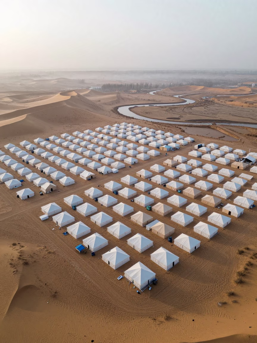 Aerial Refugee Camp Rows Misty Dunes Baku in above dune fields and dry wadis near Baku