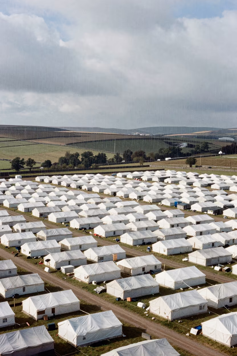 Aerial View of Refugee Camp with Upward Rain in high above irrigation geometry in Yorkshire