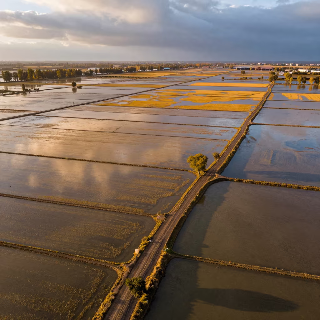 Aerial Rice Paddies Silk Road Evening Light in high above braided river channels in the Silk Road