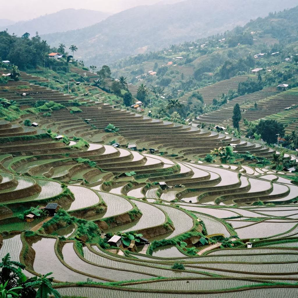 Aerial Rice Terraces After Monsoon Rain in across a wide valley floor near Sri Hartamas, Kuala Lumpur