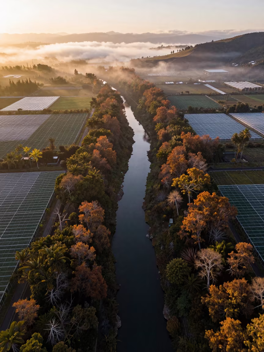 Aerial View of River in Canary Islands Autumn Forest in high over greenhouse grids in the Canary Islands