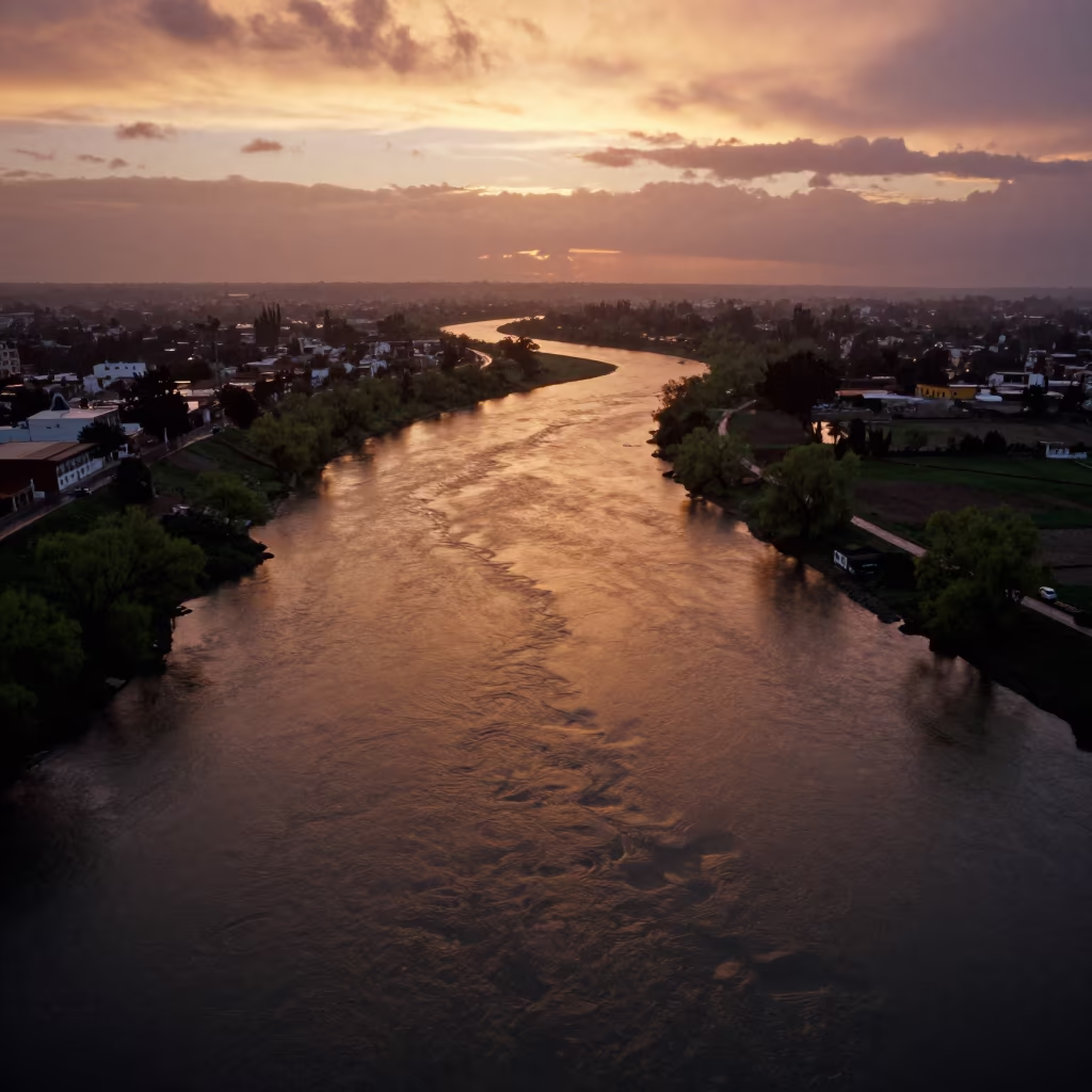 Aerial River Bend Sunset Cloud Reflections in high above braided river channels near Santiago de Querétaro