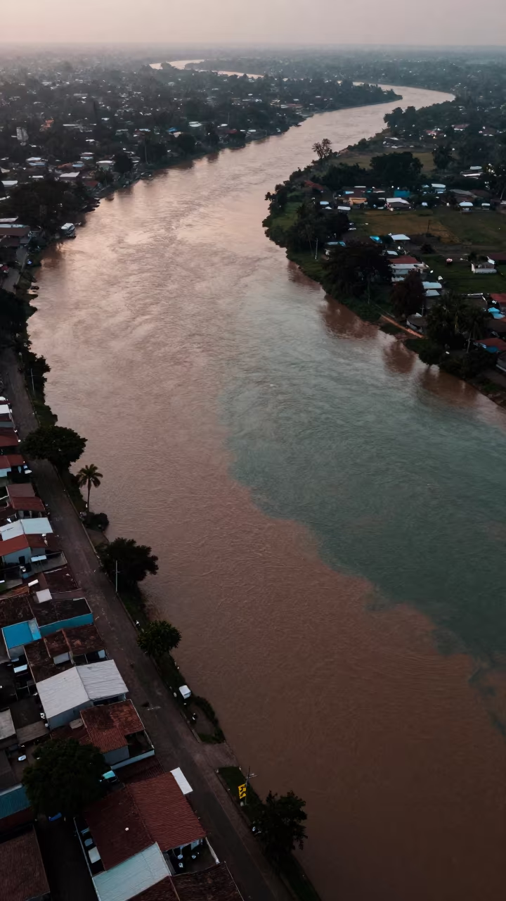 Aerial River Confluence Mixing Muddy and Clear Waters in high above patterned rooftops near Managua