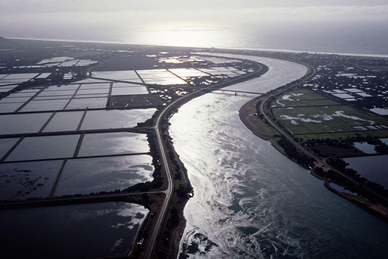 Aerial River Delta Branching Into Sea Near Cape Town in high over salt ponds and causeways near Cape Town