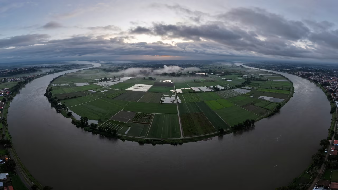 Aerial River Delta at Dawn Near Cajamarca in high above irrigation geometry near Cajamarca