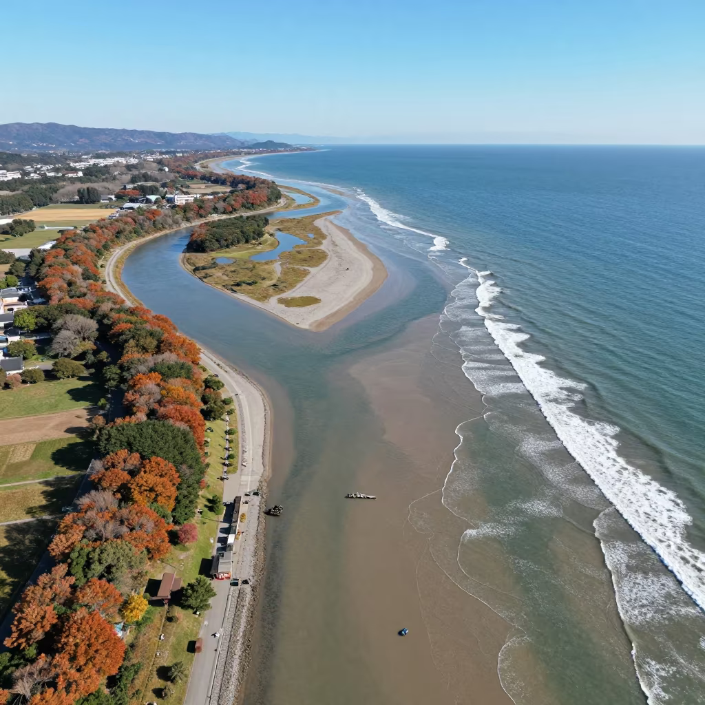 Aerial River Delta Flowing Into Autumn Sea Near Fukuoka in far above surf-scalloped coastline near Fukuoka